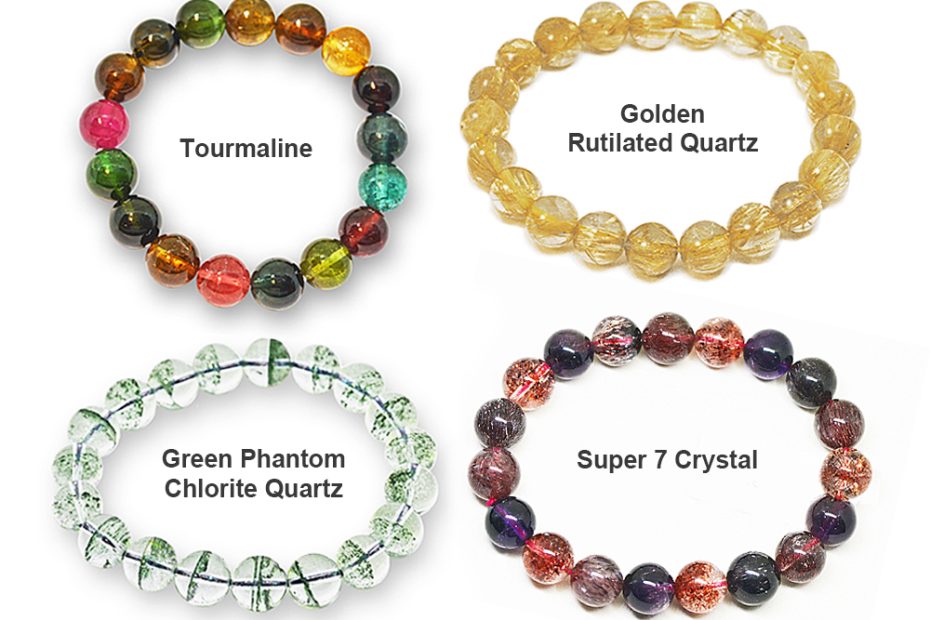 1 Panel Bead Bracelets Tourmaline Golden Rutilated Quartz Green Phantom Chlorite Quartz Super 7 Crystal