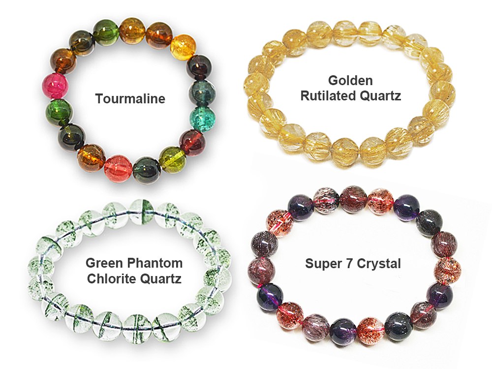 1 Panel Bead Bracelets Tourmaline Golden Rutilated Quartz Green Phantom Chlorite Quartz Super 7 Crystal