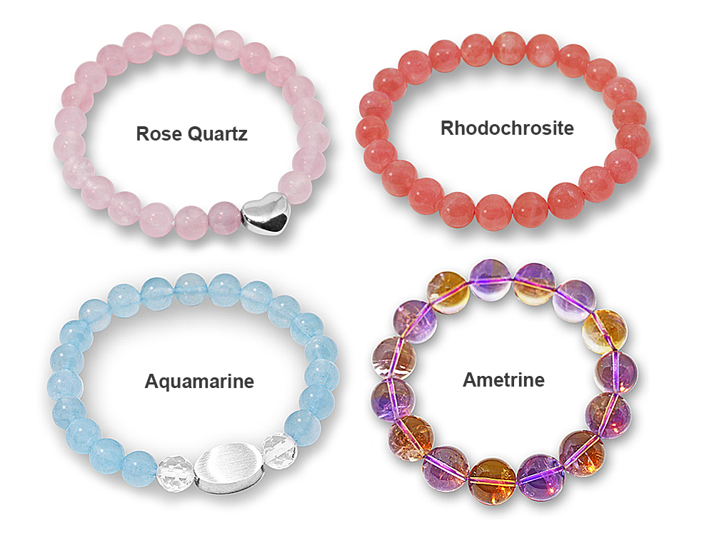 2 Panel Bead Bracelets Rose Quartz Rhodochrosite Aquamarine Ametrine