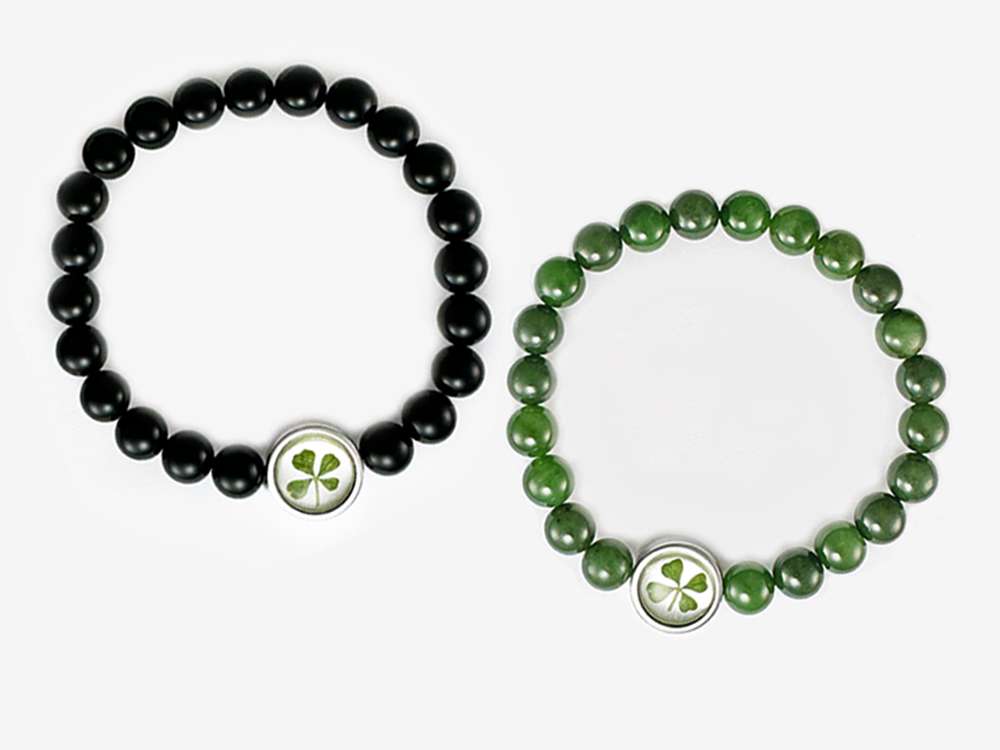 4 Leaf clover green jasper black onyx bead bracelets